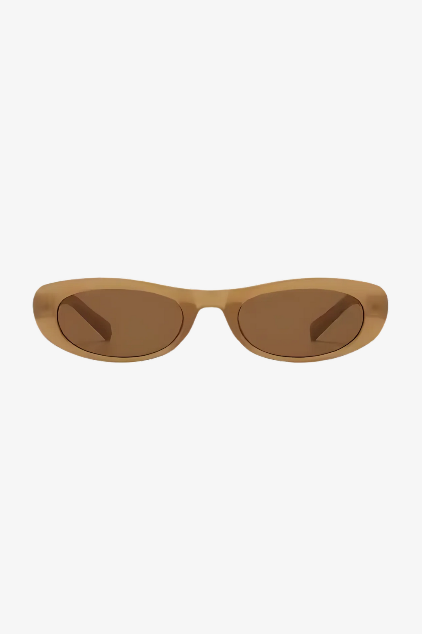 Sunglasses with a brown frame and light brown lenses on a white background