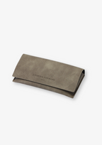 Brown leather wallet with 'Looking Forward' branding on a white background