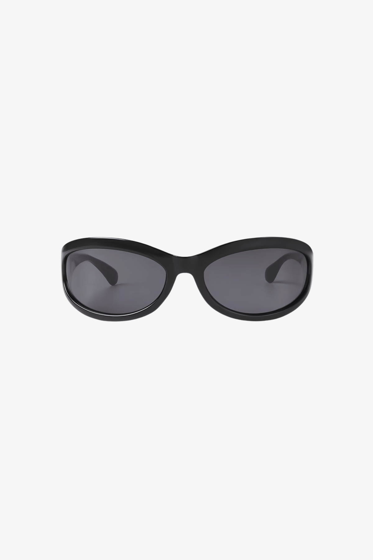 Sunglasses with dark lenses and thin metal frame on a white background