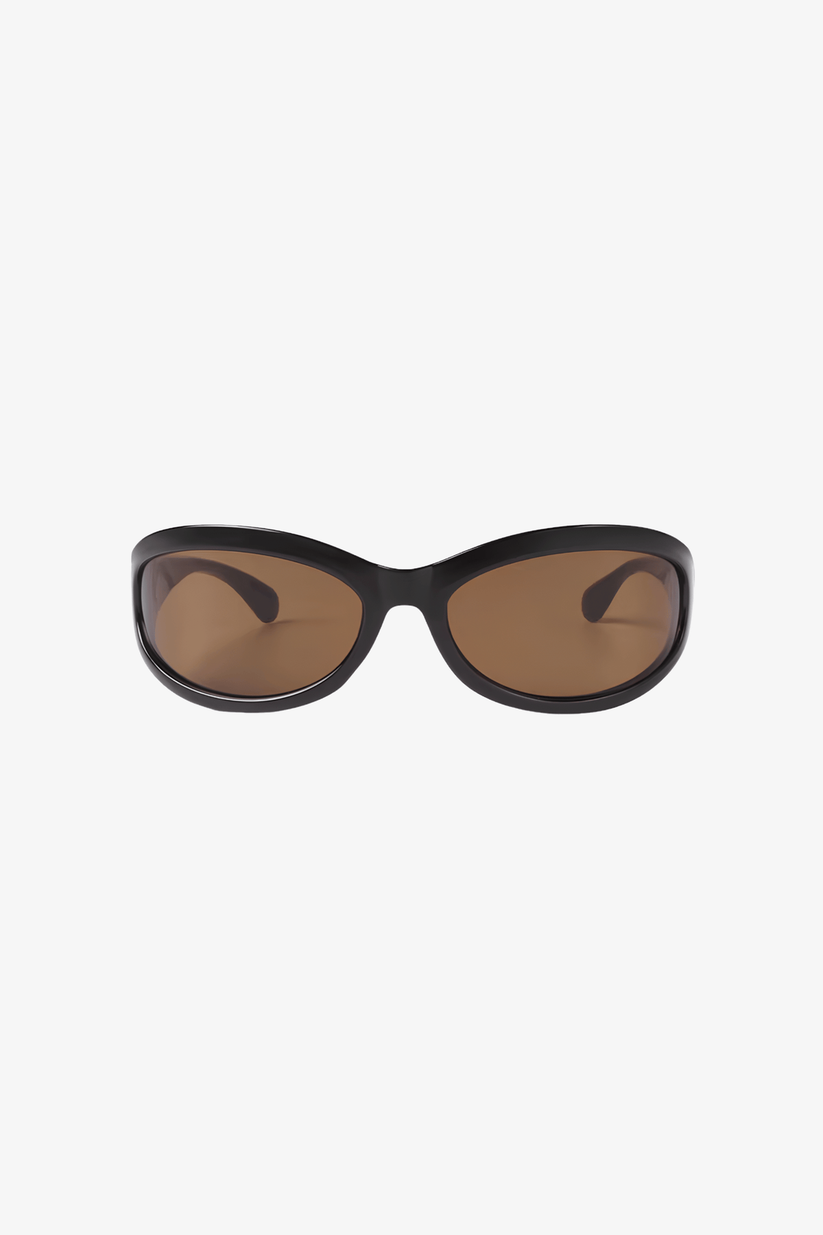 A pair of cat-eye sunglasses with a glossy black frame and brown tinted lenses, shown against a plain light gray background.