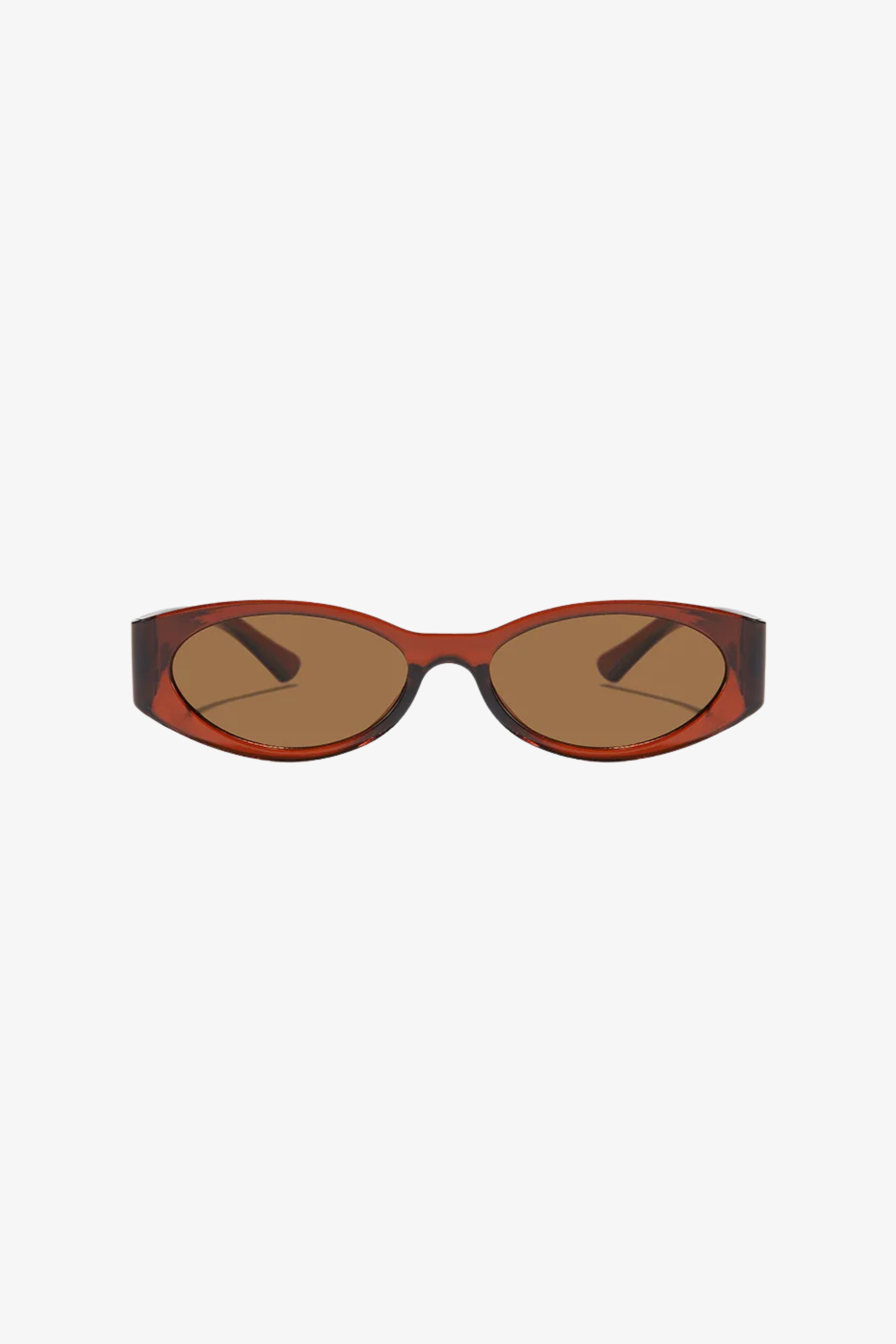 Oval sunglasses with a brown frame and lenses on a white background