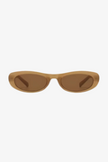Sunglasses with a brown frame and light brown lenses on a white background