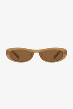 Sunglasses with a brown frame and light brown lenses on a white background