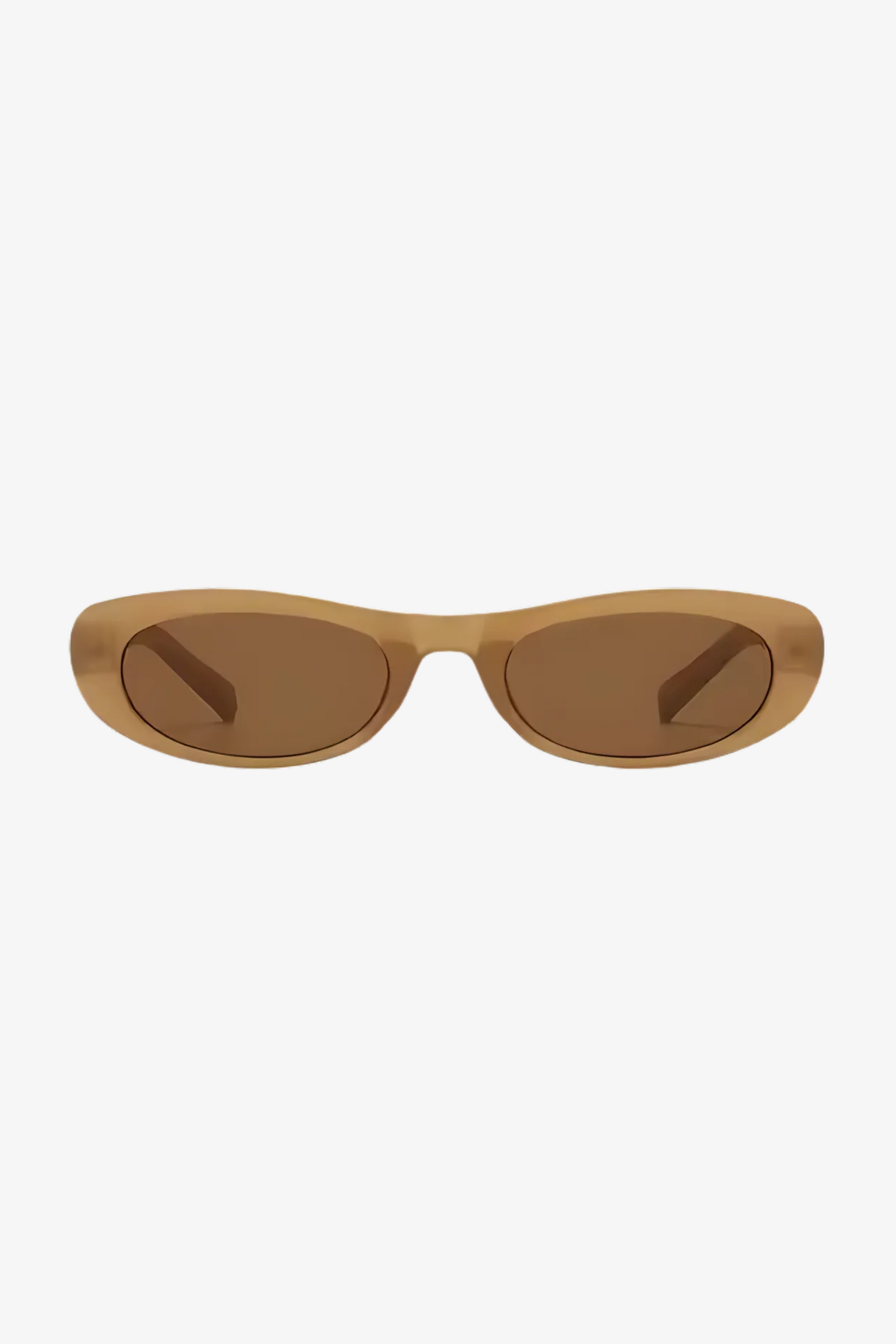 Sunglasses with a brown frame and light brown lenses on a white background