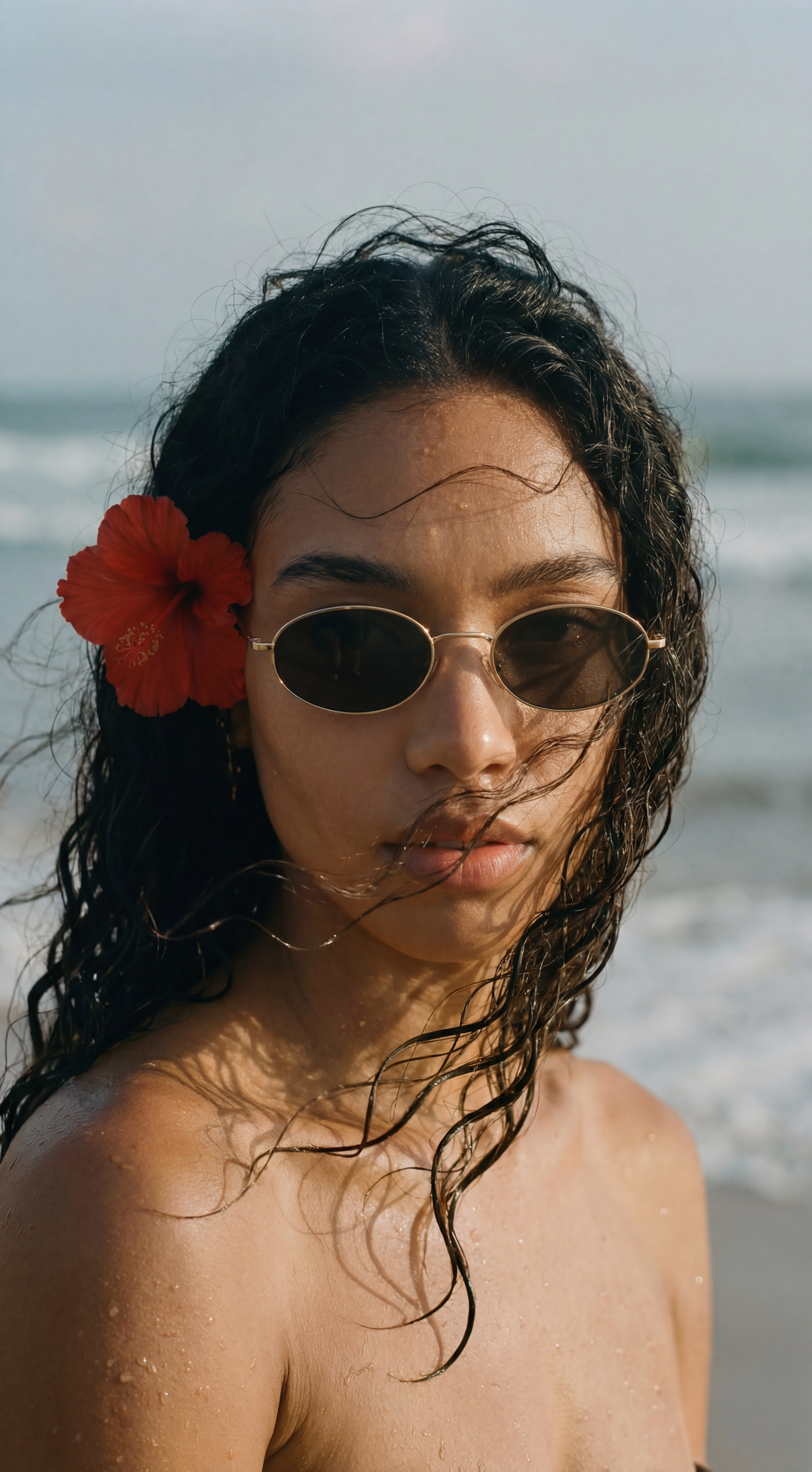 Woman with sunglasses and a red flower in her hair on a beach