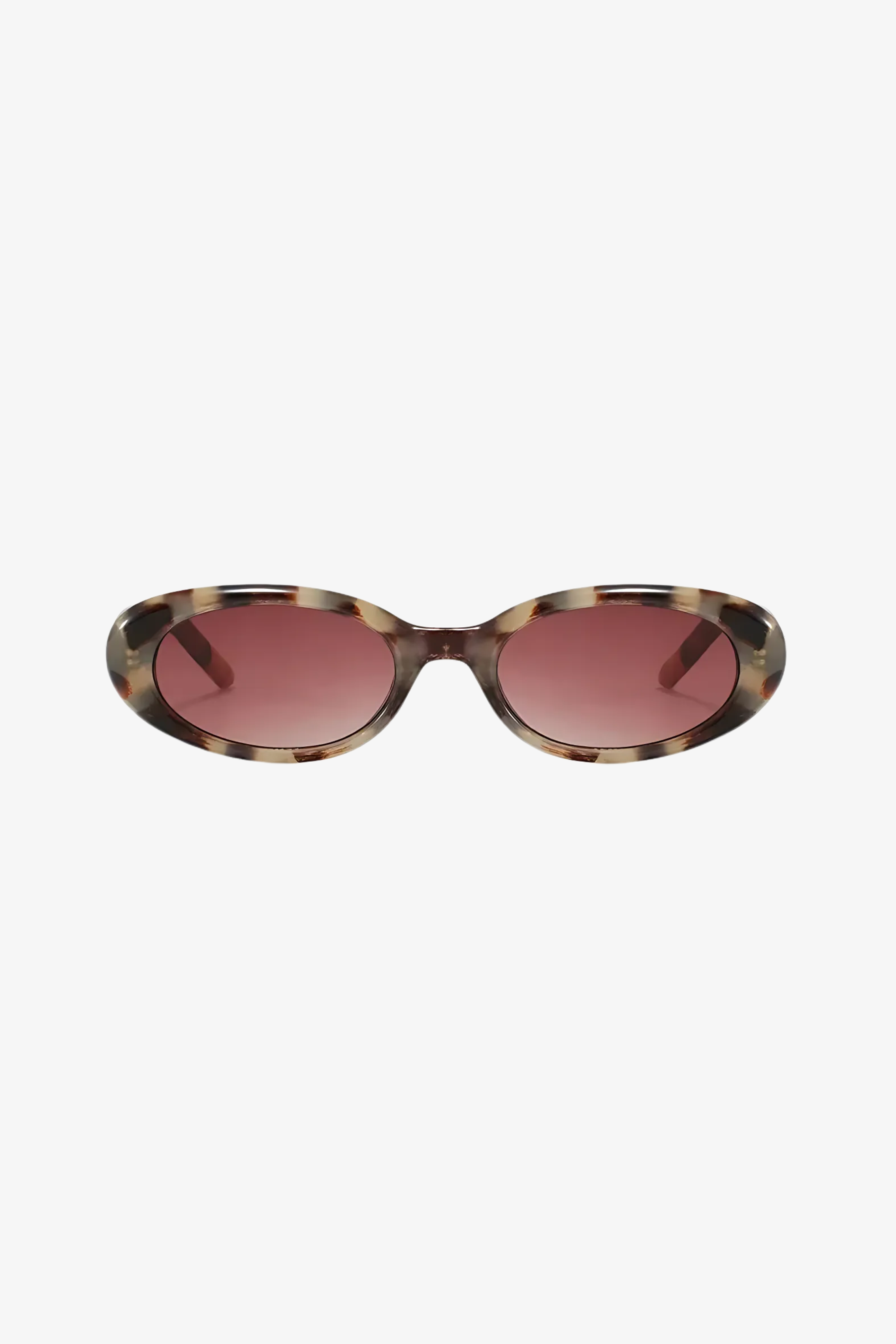 Sunglasses with tortoiseshell frame and pink lenses on a white background