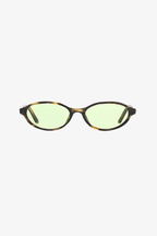 Sunglasses with green lenses and tortoiseshell frame on a white background