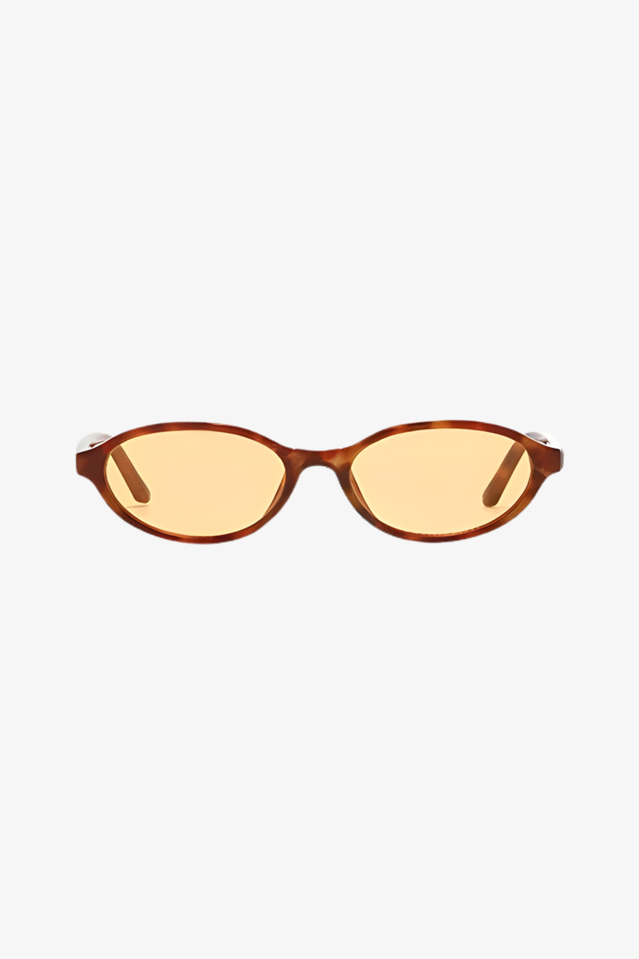 Sunglasses with brown frame and yellow-tinted lenses on a white background