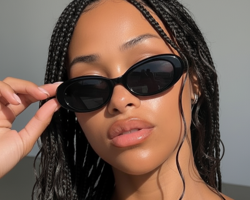 Woman with braided hair wearing black sunglasses against a neutral background